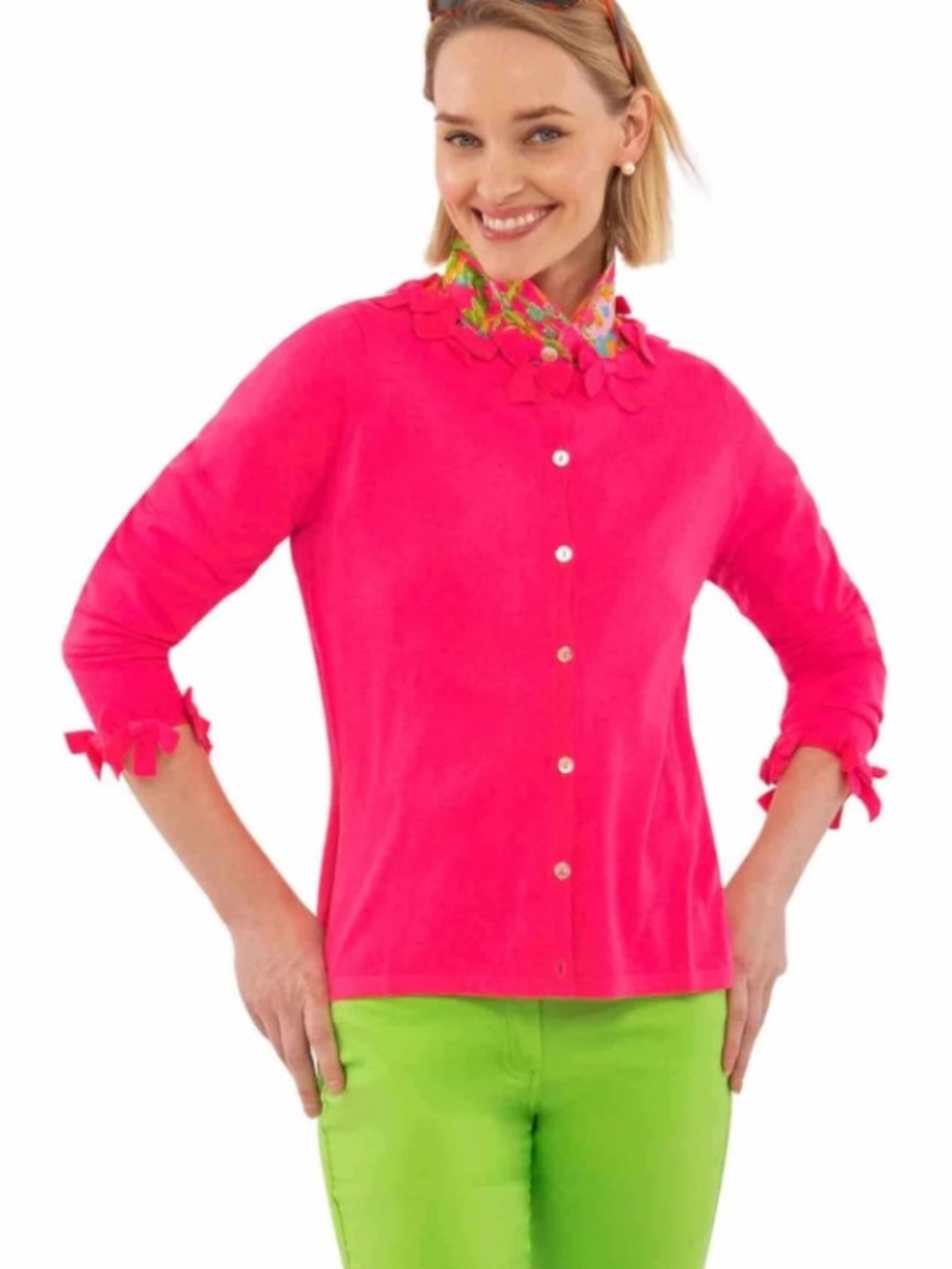 Gretchen Scott Designs Vibrant Hot Pink Button-Down Top with Floral Collar